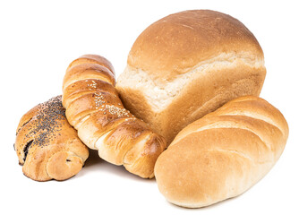 bakery concept. group of long loaf, bread, cheese and ham bun, poppy seed bun isolated on white background