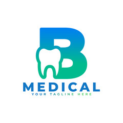 Dental Clinic Logo. Blue Shape Initial Letter B Linked with Tooth Symbol inside. Usable for Dentist, Dental Care and Medical Logos. Flat Vector Logo Design Ideas Template Element.