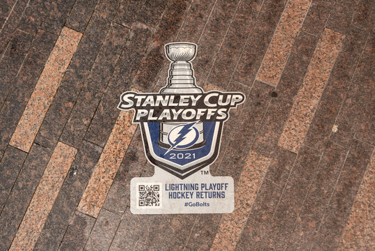 A 2021 Stanley Cup Playoffs Sticker at Curtis Hixon Waterfront Park in Tampa, Florida. Tampa Bay is playing the Montreal Canadiens for the 2021 Stanley Cup