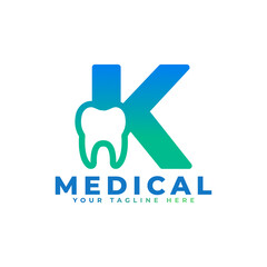 Dental Clinic Logo. Blue Shape Initial Letter K Linked with Tooth Symbol inside. Usable for Dentist, Dental Care and Medical Logos. Flat Vector Logo Design Ideas Template Element.