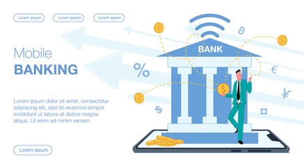 a bank is standing on a smartphone man comes out of it he uses a mobile application on his phone there is money around gold flies currency of coins conducts a transaction payment vector flat illustrat