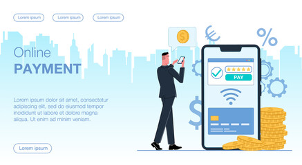 a man businessman holds a mobile phone and conducts a payment transaction online on a smartphone from a credit card via wi-fi around currency icons near coins money gold vector flat illustration