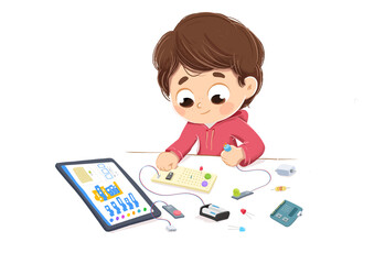 Illustration of a kid making inventions with an electronics kit learning - 443725936