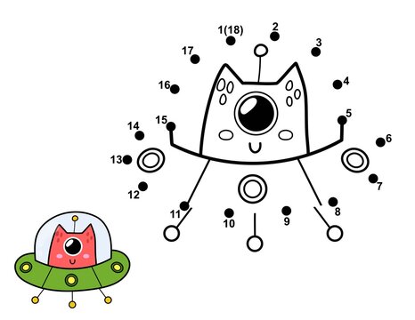 Connect the dots and draw a cute alien in flying saucer. Space dot to dot game. Educational page for kids. Vector illustration