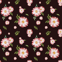 Elegant watercolor floral seamless pattern with pink rosehip flowers and green leaves on the dark background. Pretty hand-drawn nature ornament for wrapping paper, fabric, paper for scrapbooking