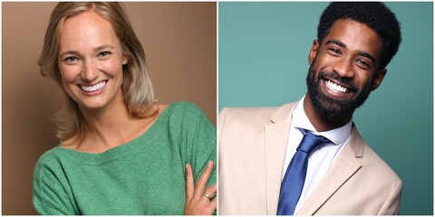 Beautiful and happy commercial man and woman in front of a colored background
