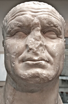 Damaged Marble Head of the Roman Emperor Vespasian (AD 69-70) from Carthage, Tunisia. British Museum, London 