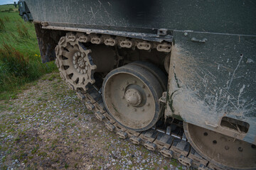 Fototapeta na wymiar close up of the exposed right rear track on a British Army Challenger Armored Repair and Recovery Vehicle (CRARRV) on a military training exercise, salisbury plain wiltshire