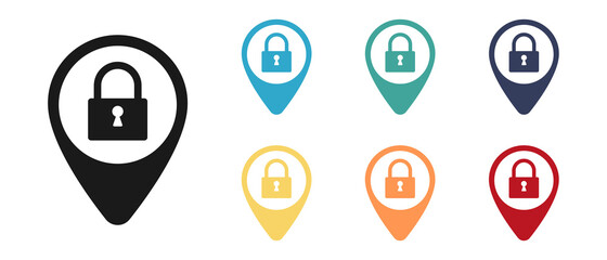 Icon set. Isolated map marker with closed padlock. Web design.
