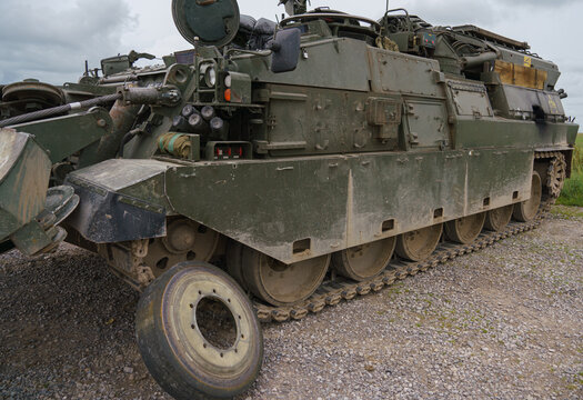 close up of the left track with a repair wheel on a British Army Challenger Armored Repair and Recovery Vehicle (CRARRV) on a military training exercise, salisbury plain wiltshire