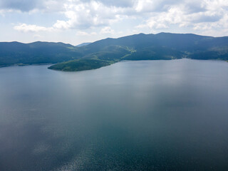 Fototapeta premium Aerial view of Belmeken Dam, Rila mountain, Bulgaria