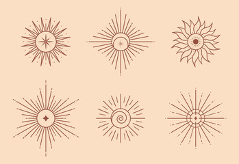 Set of vector bohemian logo design templates with sun,moon and sunburst. Boho linear icons or symbols in trendy minimalist style.Modern celestial emblems.Branding designs templates.