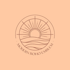 Vector linear boho emblem. Bohemian logo design with sea, sun and sunburst.Modern celestial icon or symbol in trendy minimalist style.Branding design template. © Xenia Artwork 