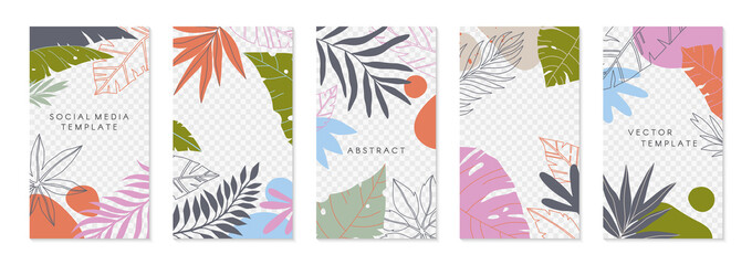 Fototapeta na wymiar Bundle of insta story templates with tropical palm leaves.Modern summer vector layouts with copy space for text.Bright vibrant banners.Trendy designs for social media marketing,digital post,prints.