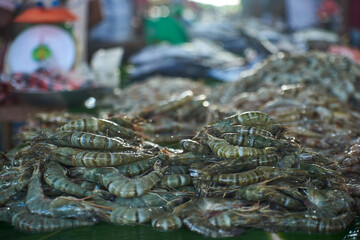 Pile of fresh fish for sale at Traditional seafood market stall