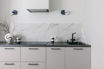 Minimalistic interior kitchen design. White grey marble kitchen room organization