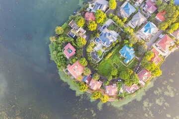 Aerial view of villas by the lake