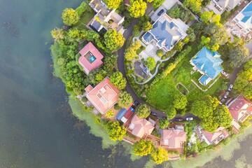 Aerial view of villas by the lake