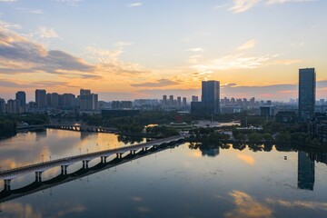 Skyline by Baijia lake at sunrise in Nanjing city in summer