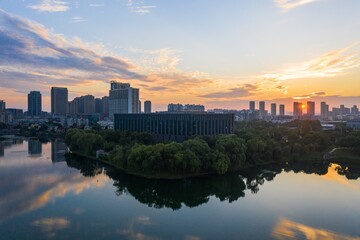 Skyline by Baijia lake at sunrise in Nanjing city in summer