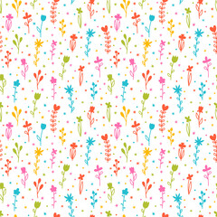 Fototapeta na wymiar Cute colorful floral seamless pattern. Hand drawn botanical elements. Background with flowers. Scandinavian trendy print