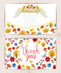 Vector autumn stylish business cards. Fancy fall cards design with oak, maple leaves, birds, mushrooms, trees, berries, flowers. Poster about fall season with your text