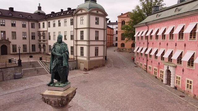 Birger Jarl statue, Riddarholmen, and Stenbockska palace, a drone footage of the centre of Stockholm, Sweden