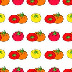 Seamless vector illustration with tomatoes on a white background.