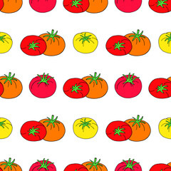 Seamless vector illustration with tomatoes on a white background.