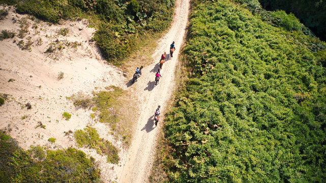 Cabalgata en playa, dunas, r&iacute;o y mar
