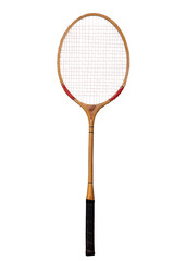 Wooden racket for playing badminton. Team game accessories.