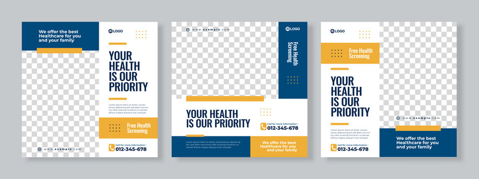 Set of three medical social media pack template premium vector