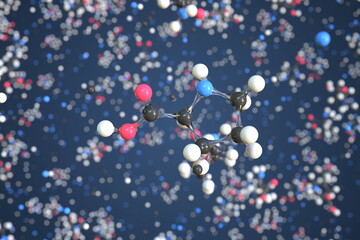 Proline molecule, scientific molecular model, 3d rendering