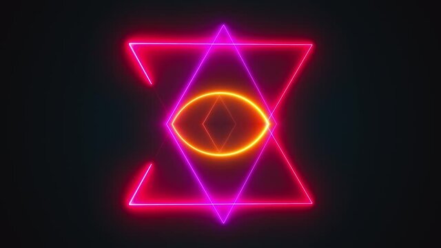 Esoteric 3d render triangle with glowing lines and star david. Occult bright geometric pentacle that ignites in mystical witchcraft fire. Polygonal alchemical talisman with pagan symbols.