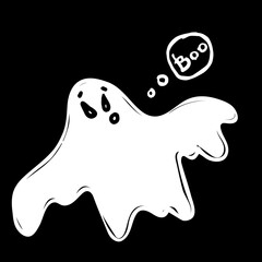 white silhouette of a cute ghost on a black background, kind soul for the holiday of the day of the dead, for Halloween designs, vector graphics