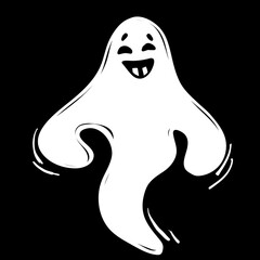 white silhouette of a cute ghost on a black background, kind soul for the holiday of the day of the dead, for Halloween designs, vector graphics