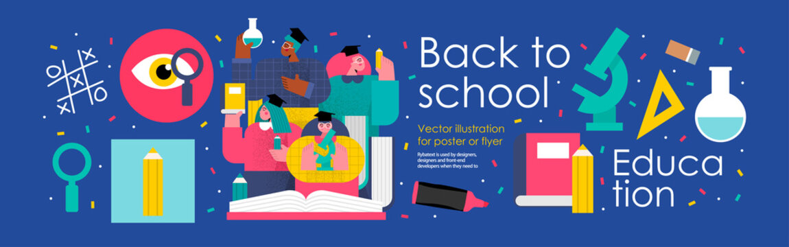 back to school and education. Vector illustration of schoolchildren and students in college and university with books, pencils, microscope and school objects. Drawings for poster, background or flyer