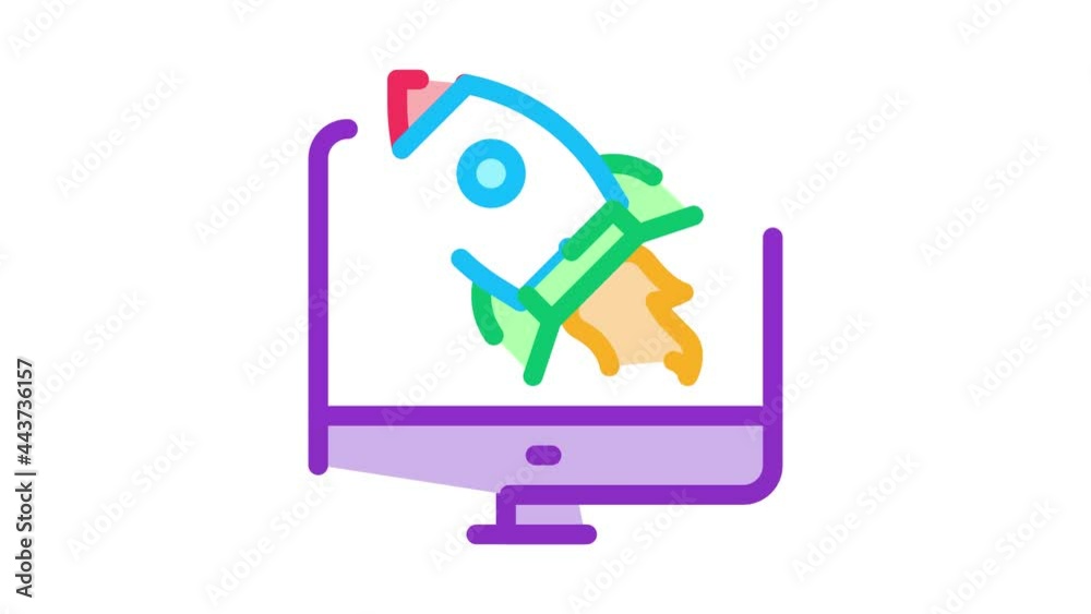 Poster rocket computer control icon animation. color rocket computer control animated icon on white backgro