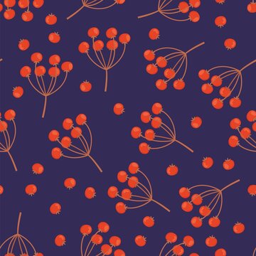 Autumn rowan berry seamless pattern. Can be used as wrapping paper, wallpaper, fabric or textile print. Stock vector illustration in flat cartoon style on blue background.