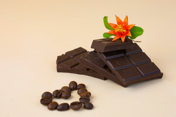 dark chocolate on beige isolated background with heart made of coffee beans