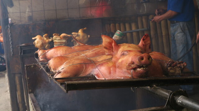 Hornado in Cuenca, Ecuador. 
Hornado is a popular food in Sierra's Ecuador. People prepared it with pork, also yo can find others dishes which were made by hornado, such as: fried pork, chanfaina.