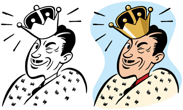 A vintage retro cartoon of a man dressed as a king wearing a crown and winking. 