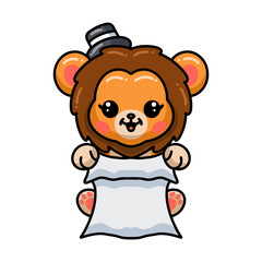 Cute baby lion cartoon in hat and holding paper