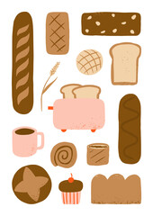 Hand drawn bread and coffee for bakery food elements collection