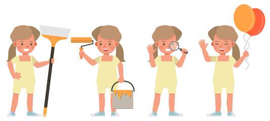 Set of children character vector design. Girl wear yellow shirt and doing activity. Presentation in various action with emotions.