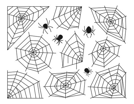 Cobweb and spider Halloween black set. Doodle scary spiders web dangerous venom flat collection. Hanging web decoration for creepy horror frame, design or tattoo. Scenery happy Halloween vector