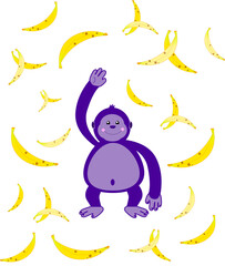 Cute purple gorilla isolated on a banana background. Children's vector illustration. Postcard, invitation, more.
