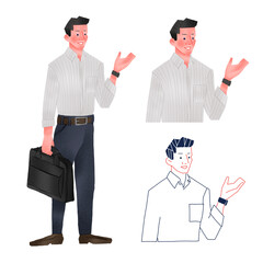 手を上げているビジネスマン全身手描きイラスト
