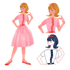 レトロおしゃれなファッションの若い女性人物全身手描きイラスト

