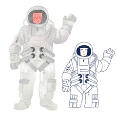 宇宙服を着た笑顔の男性人物全身手描きイラスト